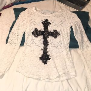 white lace long sleeve with black cross